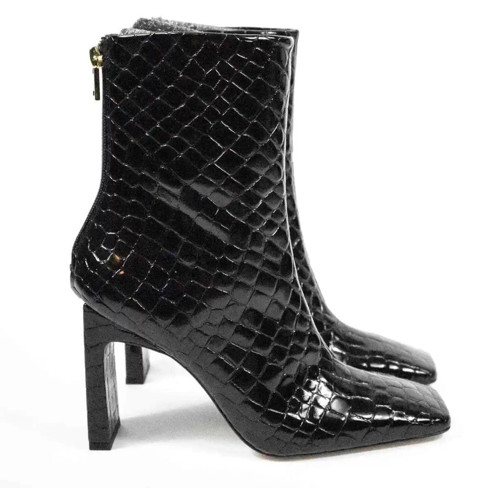 NIB Good American Black Patent Croc Leather Boots Square Toe Ankle Booties Sz 9